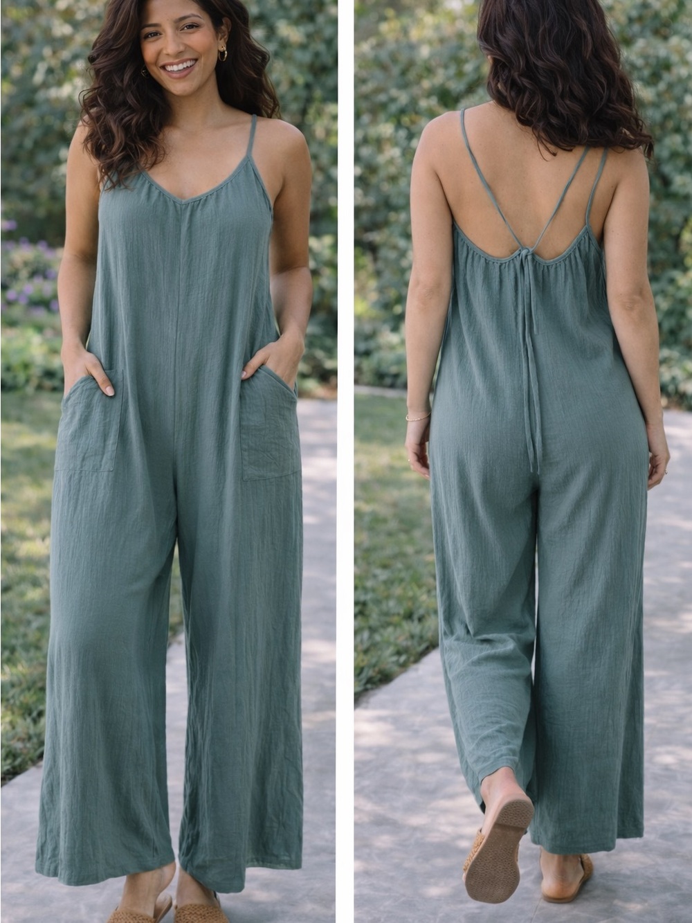 Women's Sage Green Linen Jumpsuit - Sleeveless Wide Leg